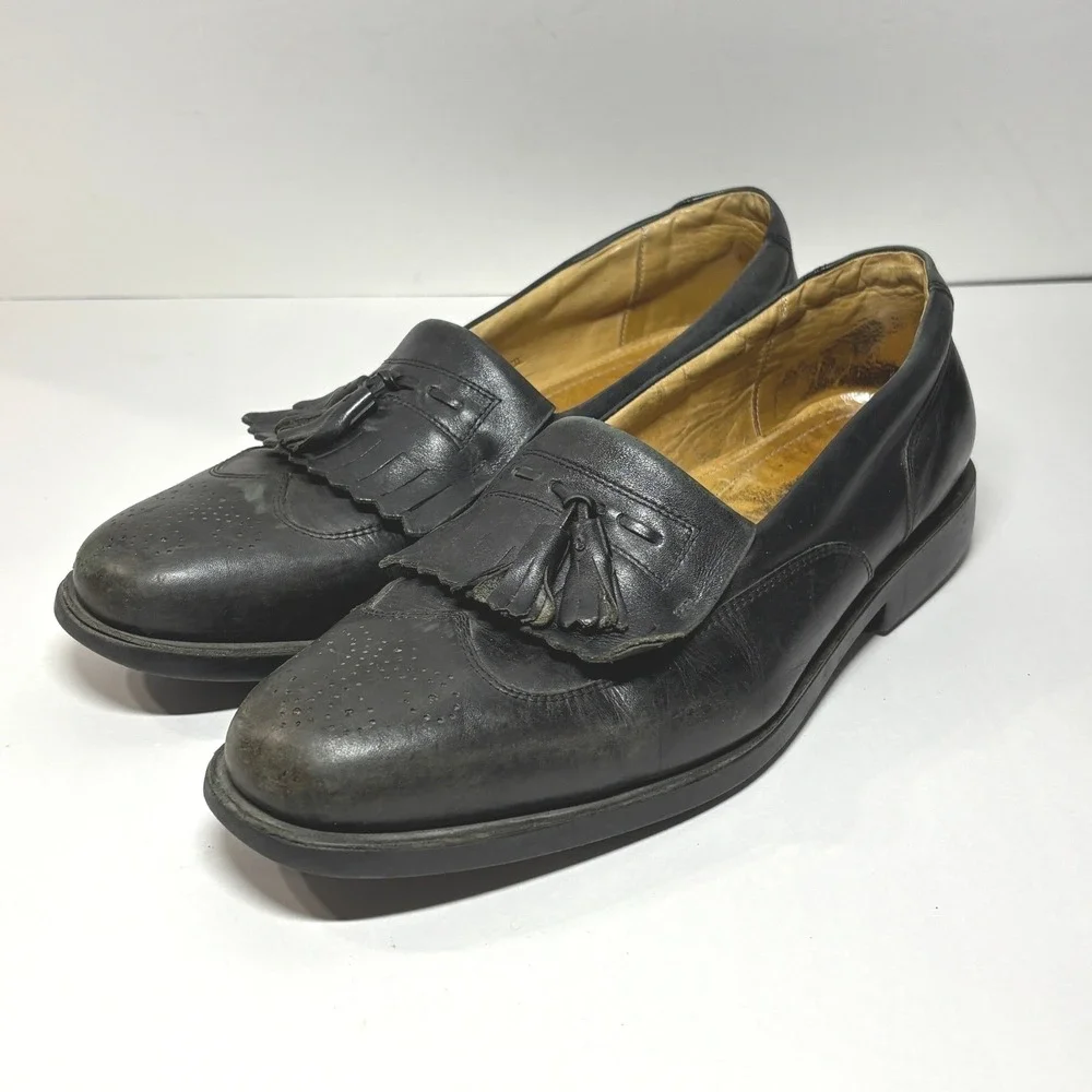 Sandro Moscoloni Tassel Loafers Mens 10 Black Fair Kiltie Wingtip Leather 8101‎